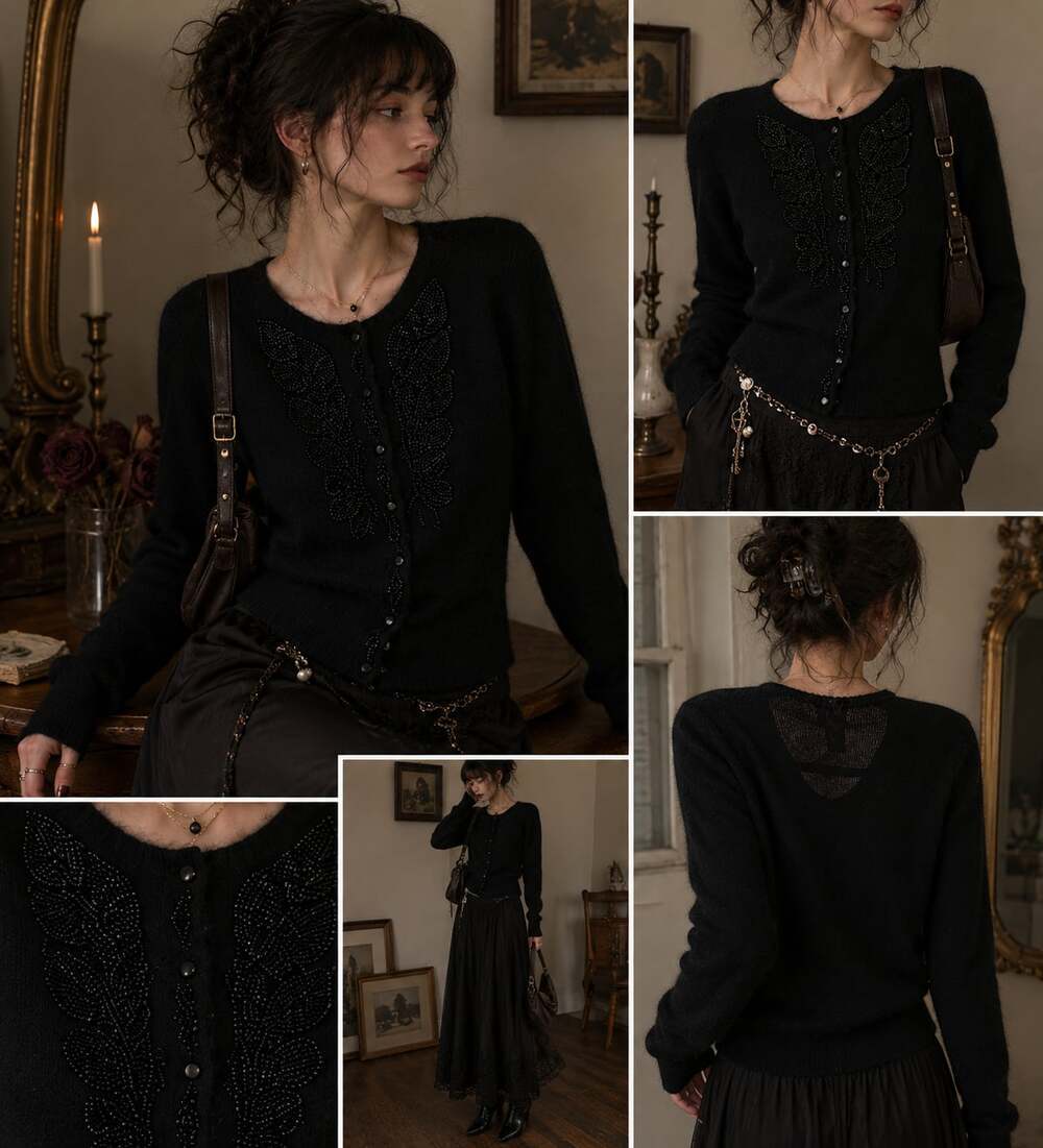 Vintage Jacqueline Ferrar Angora Beaded Cardigan Black Whimsigoth L